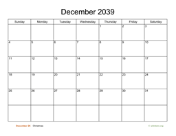 Basic Calendar for December 2039