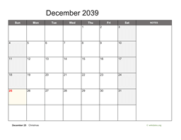 December 2039 Calendar with Notes