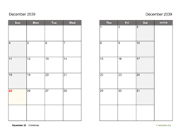 December 2039 Calendar on two pages