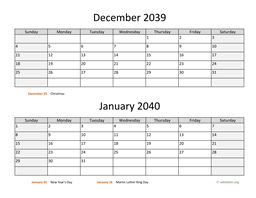 December 2039 and January 2040 Calendar