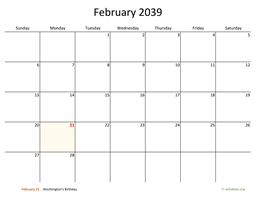 February 2039 Calendar with Bigger boxes