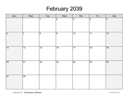 February 2039 Calendar with Weekend Shaded