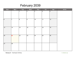 February 2039 Calendar with Notes