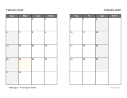 February 2039 Calendar on two pages