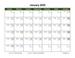 January 2039 Calendar with Day Numbers