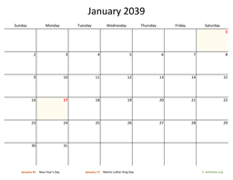 January 2039 Calendar with Bigger boxes