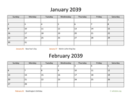 January and February 2039 Calendar