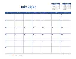 July 2039 Calendar Classic