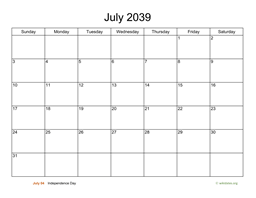 Basic Calendar for July 2039
