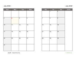 July 2039 Calendar on two pages