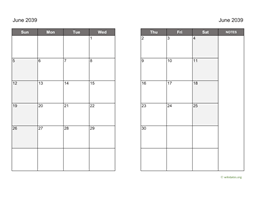 June 2039 Calendar on two pages