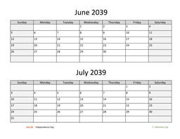 June and July 2039 Calendar