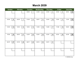 March 2039 Calendar with Day Numbers