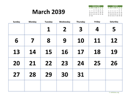 March 2039 Calendar with Extra-large Dates
