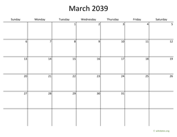 March 2039 Calendar with Bigger boxes