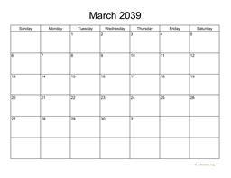 Basic Calendar for March 2039
