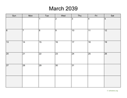 March 2039 Calendar with Weekend Shaded
