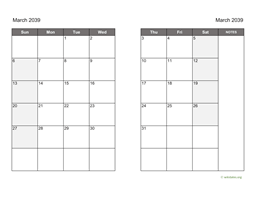 March 2039 Calendar on two pages