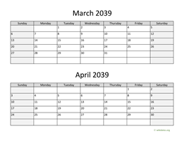 March and April 2039 Calendar