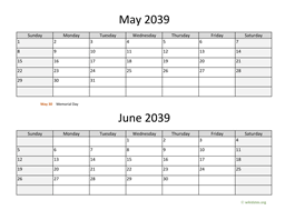 May and June 2039 Calendar