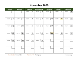 November 2039 Calendar with Day Numbers