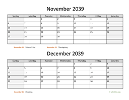 November and December 2039 Calendar