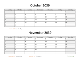 October and November 2039 Calendar