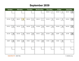 September 2039 Calendar with Day Numbers