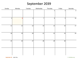 September 2039 Calendar with Bigger boxes