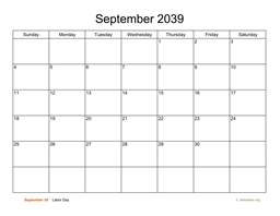 Basic Calendar for September 2039