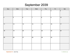 September 2039 Calendar with Weekend Shaded