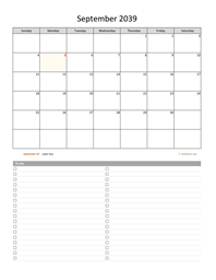 September 2039 Calendar with To-Do List