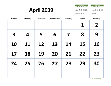 April 2039 Calendar with Extra-large Dates