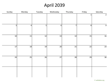 April 2039 Calendar with Bigger boxes