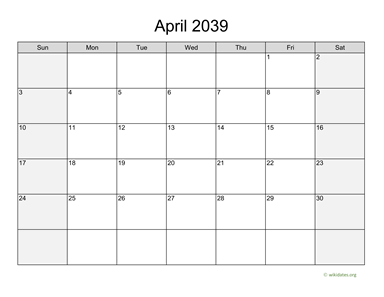 April 2039 Calendar with Weekend Shaded
