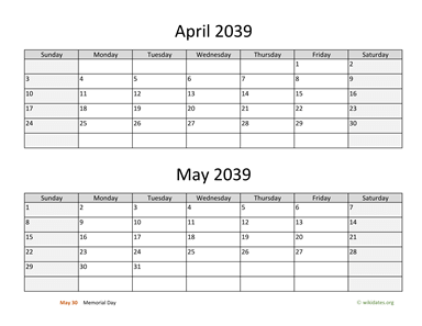 April and May 2039 Calendar Horizontal