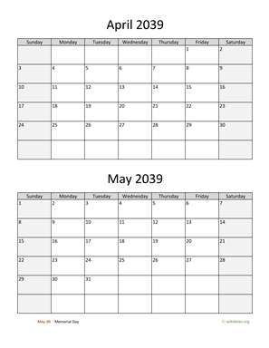 April and May 2039 Calendar Vertical