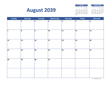 August 2039 Calendar Classic