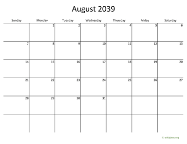 August 2039 Calendar with Bigger boxes