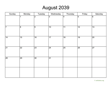 Basic Calendar for August 2039