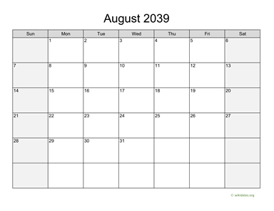August 2039 Calendar with Weekend Shaded