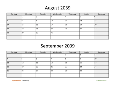 August and September 2039 Calendar Horizontal