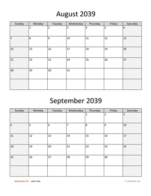 August and September 2039 Calendar Vertical