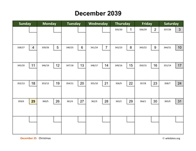 December 2039 Calendar with Day Numbers