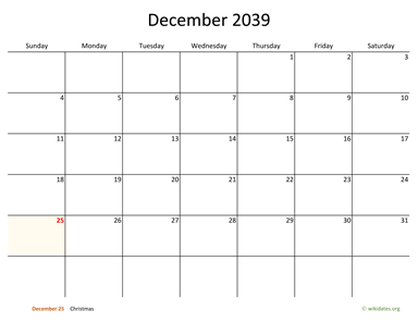 December 2039 Calendar with Bigger boxes