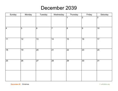 Basic Calendar for December 2039