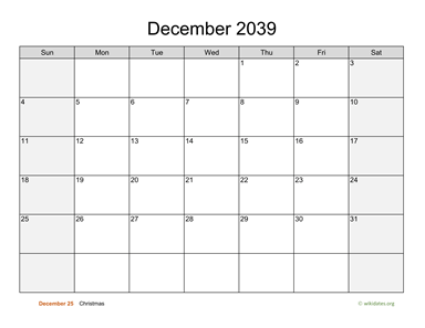 December 2039 Calendar with Weekend Shaded