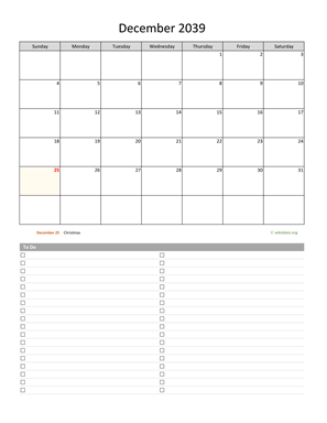 December 2039 Calendar with To-Do List