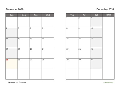 December 2039 Calendar on two pages