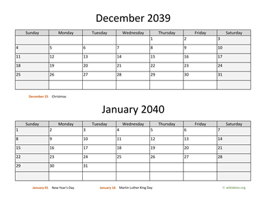 December 2039 and January 2040 Calendar Horizontal